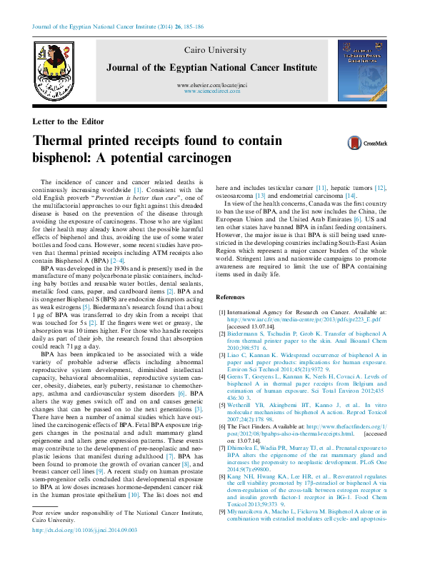 (PDF) Thermal printed receipts found to contain bisphenol a potential carcinogen Akhil Kapoor