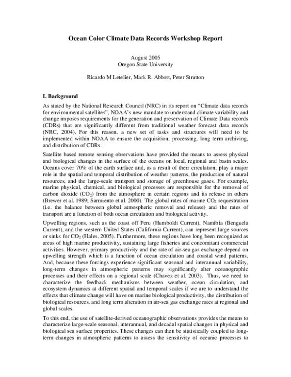 (PDF) Ocean Color Climate Data Records Workshop Report