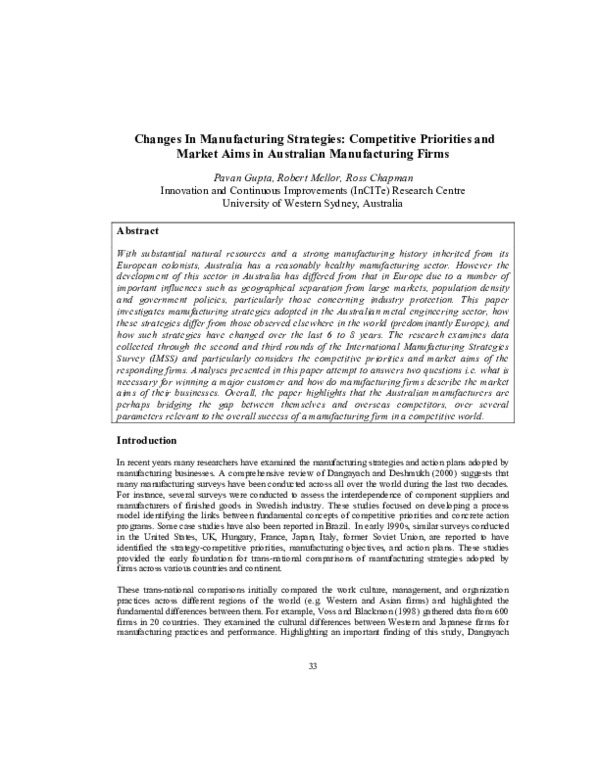 (PDF) Changes In Manufacturing Strategies: Competitive Priorities and ...