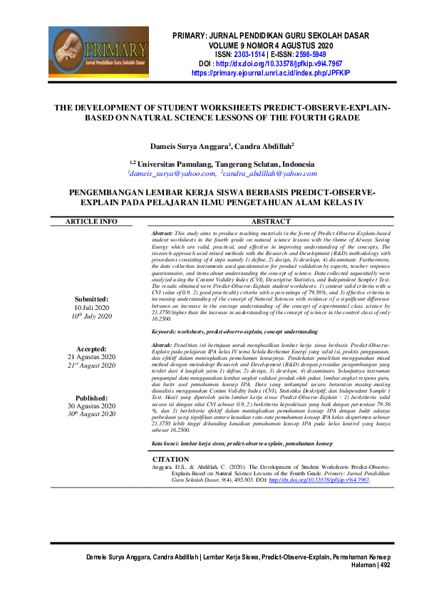 (PDF) Development of Student Work Sheets Based Predict-Observe-Explain ...