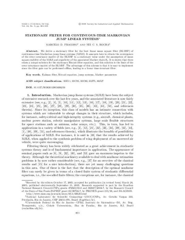 (PDF) Stationary Filter For ContinuousTime Markovian Jump Linear