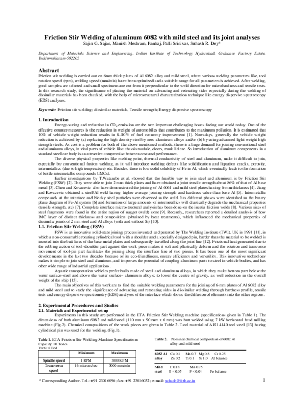 (PDF) Friction Stir Welding of Aluminum 6082 with Mild Steel and its ...