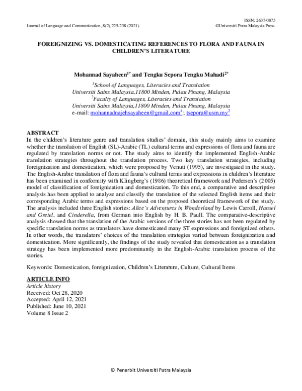 (PDF) FOREIGNIZING VS. DOMESTICATING REFERENCES TO FLORA AND FAUNA IN ...