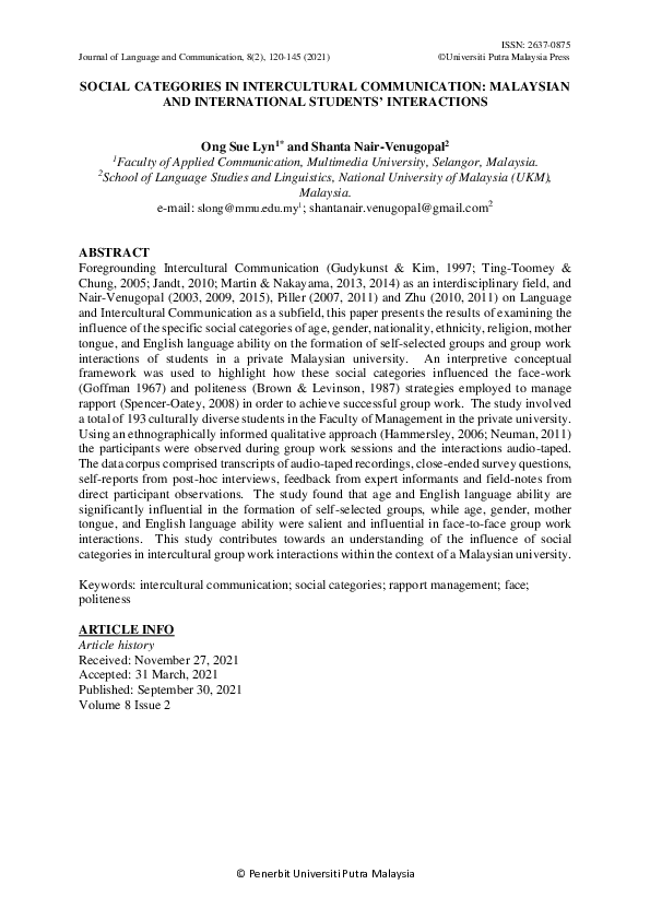 (PDF) SOCIAL CATEGORIES IN INTERCULTURAL COMMUNICATION: MALAYSIAN AND ...
