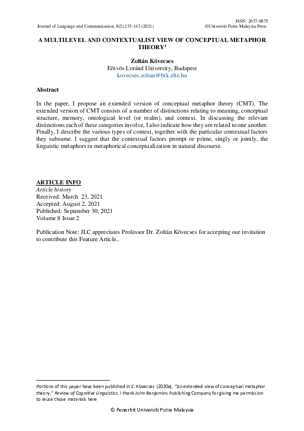 (PDF) A MULTILEVEL AND CONTEXTUALIST VIEW OF CONCEPTUAL METAPHOR THEORY 1