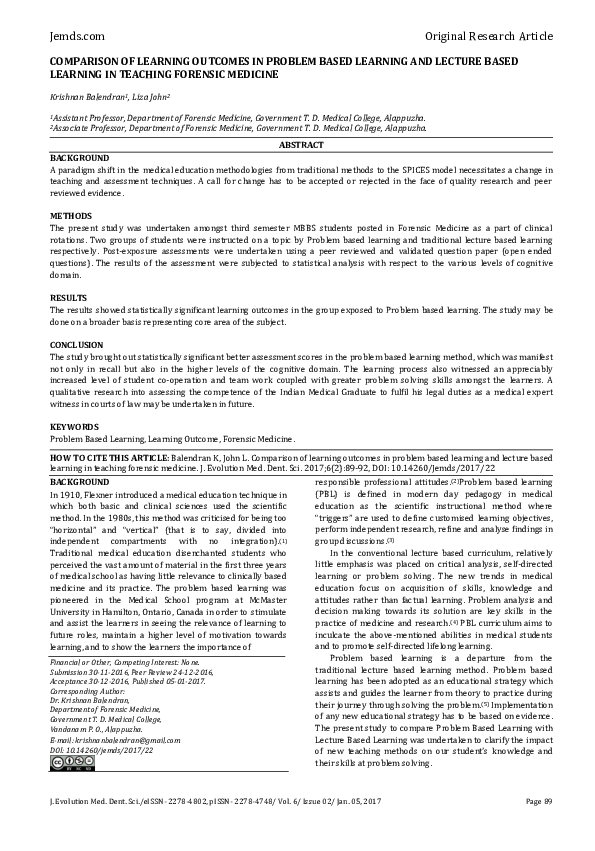 (PDF) Comparison of Learning Outcomes in Problem Based Learning and ...