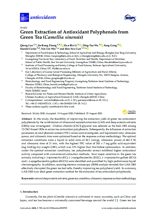 (PDF) Green Extraction of Antioxidant Polyphenols from Green Tea ...