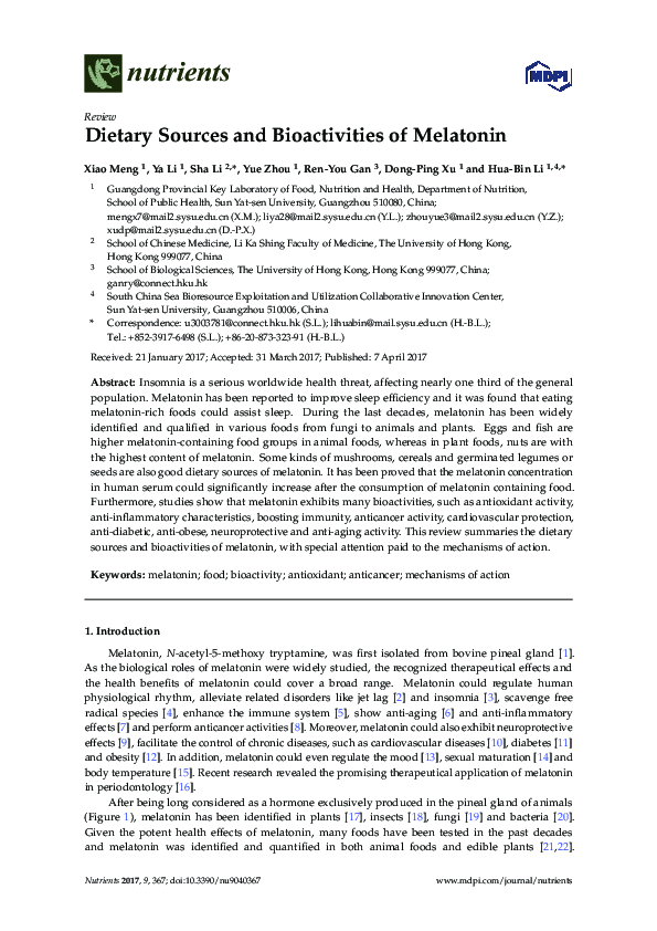 (PDF) Dietary Sources and Bioactivities of Melatonin