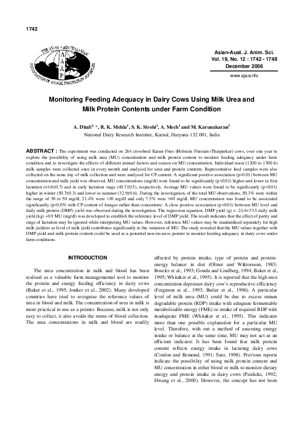 (PDF) Monitoring Feeding Adequacy in Dairy Cows Using Milk Urea and