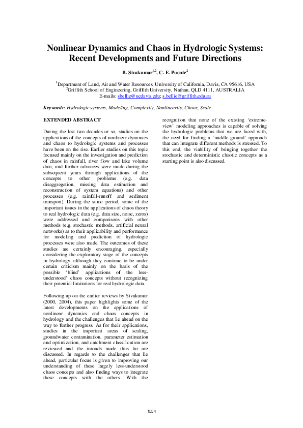 (PDF) Nonlinear dynamics and chaos in hydrologic systems: latest ...