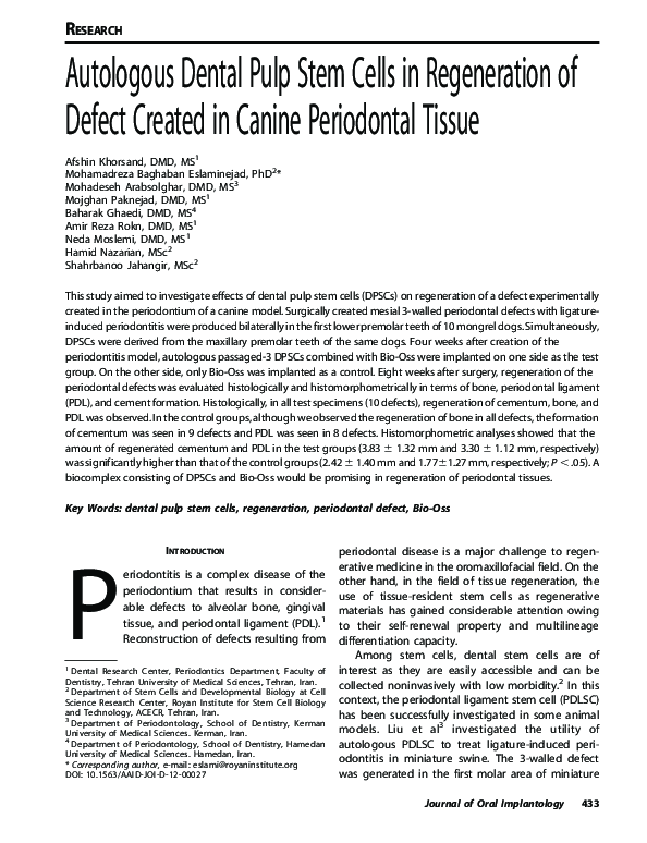 (PDF) Autologous Dental Pulp Stem Cells in Regeneration of Defect ...