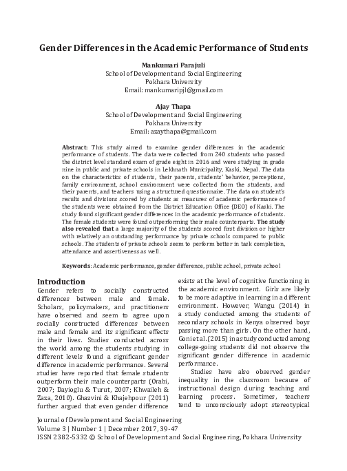 (PDF) Gender Differences in the Academic Performance of Students