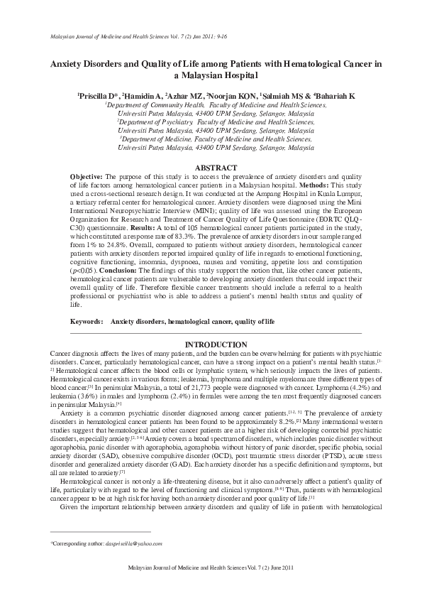 (PDF) Anxiety disorders and quality of life among patients with ...