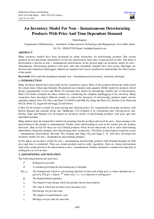 (PDF) An Inventory Model For Non – Instantaneous Deteriorating Products ...