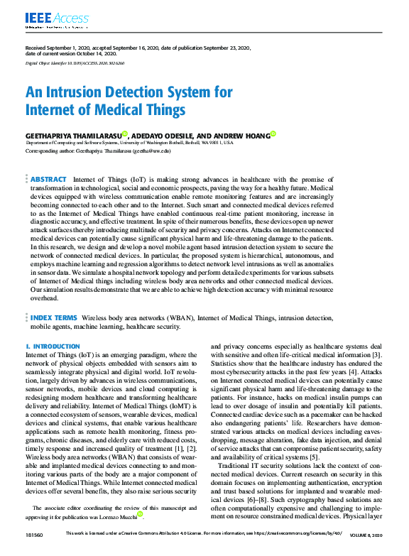 (PDF) An Intrusion Detection System for Internet of Medical Things
