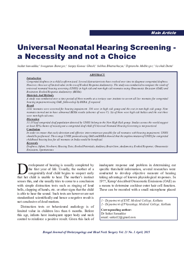 (PDF) Universal Neonatal Hearing Screening - a Necessity and not a Choice