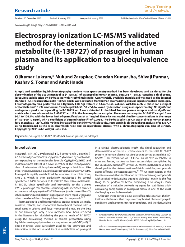 (PDF) Electrospray ionization LC-MS/MS validated method for the ...