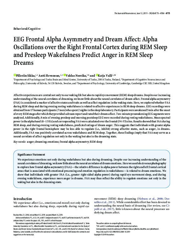 (PDF) EEG Frontal Alpha Asymmetry and Dream Affect: Alpha Oscillations ...