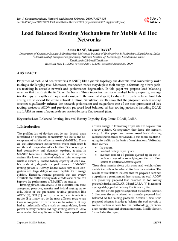 (PDF) Load Balanced Routing Mechanisms for Mobile Ad Hoc Networks Open ...