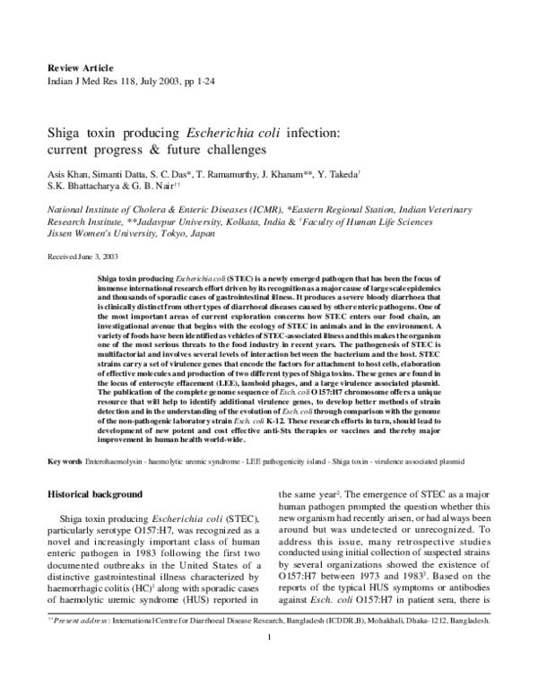 (PDF) Shiga toxin producing Escherichia coli infection: current ...