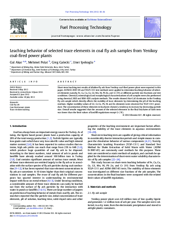 (PDF) Leaching behavior of selected trace elements in coal fly ash ...