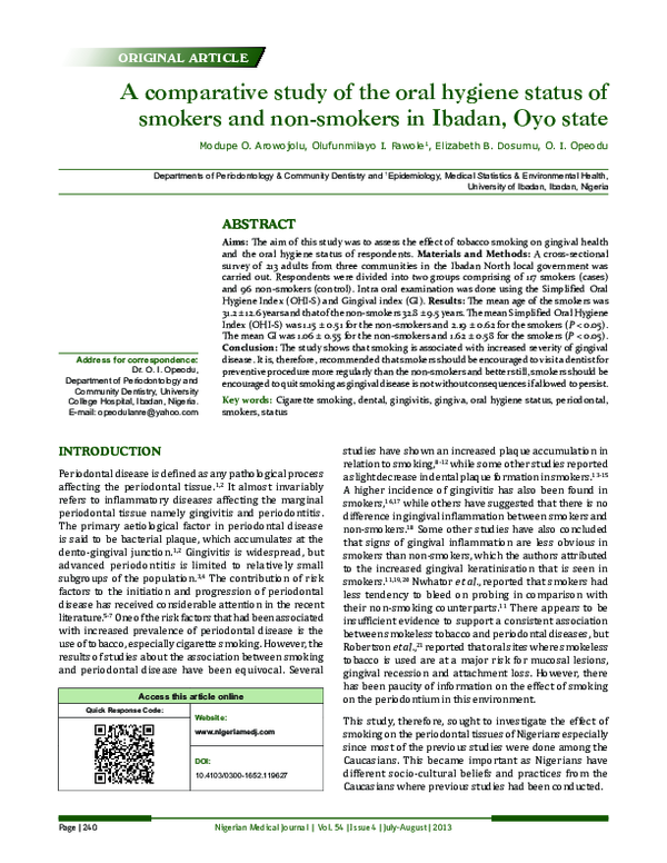 (PDF) A comparative study of the oral hygiene status of smokers and non ...