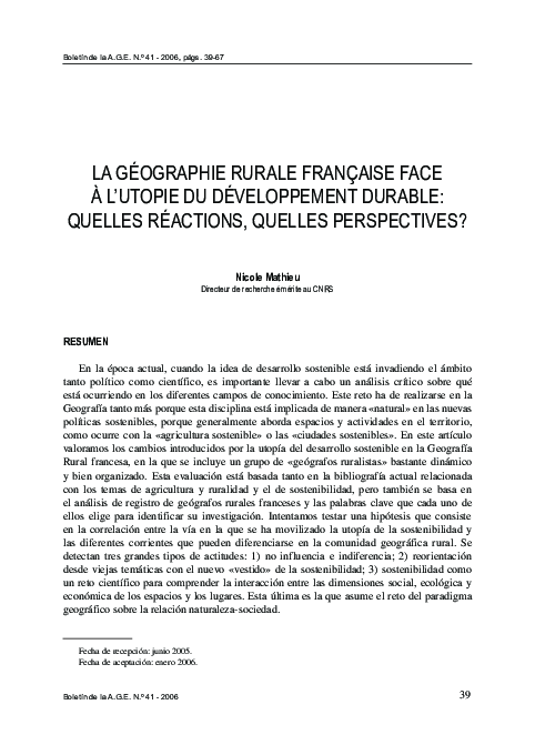 (PDF) La géographie rurale française FACE à l'utopie du développement ...