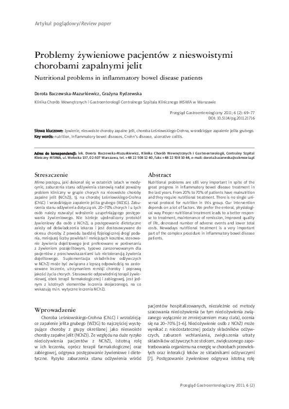 (PDF) Problemy żywieniowe pacjentów z nieswoistymi chorobami zapalnymi