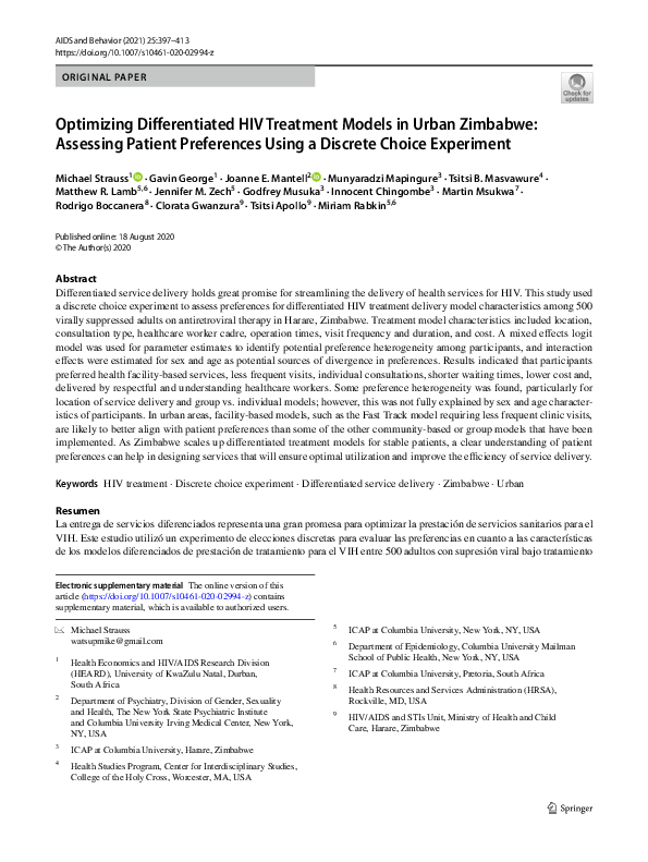(PDF) Optimizing Differentiated HIV Treatment Models in Urban Zimbabwe ...