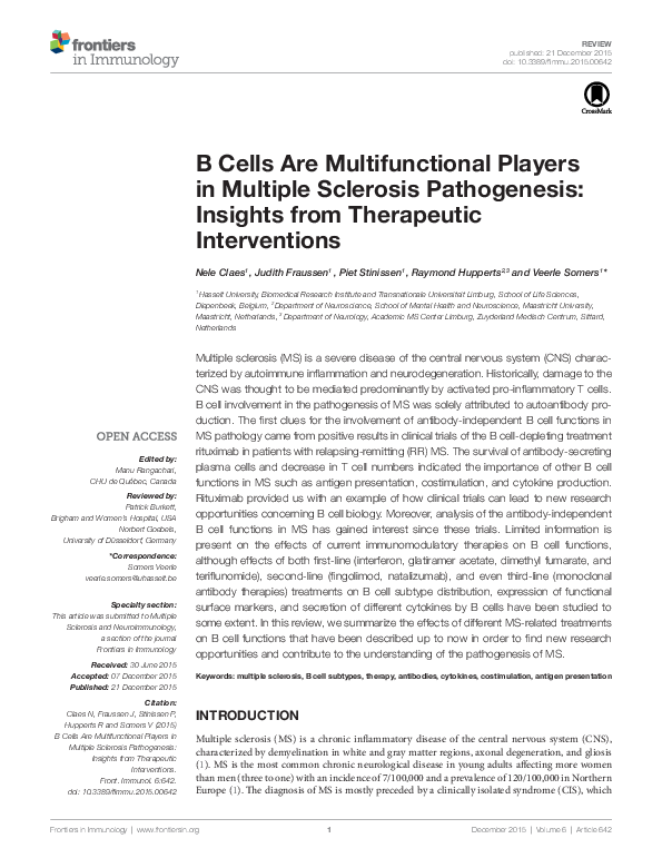 (PDF) B Cells Are Multifunctional Players in Multiple Sclerosis ...