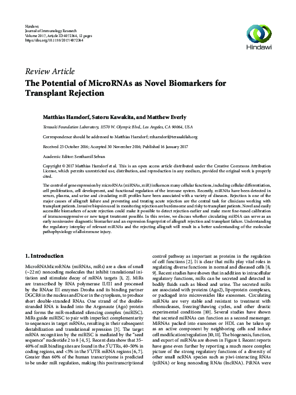 (PDF) The Potential of MicroRNAs as Novel Biomarkers for Transplant ...