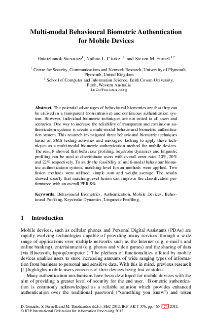 (PDF) Multi-modal behavioural biometric authentication for mobile devices