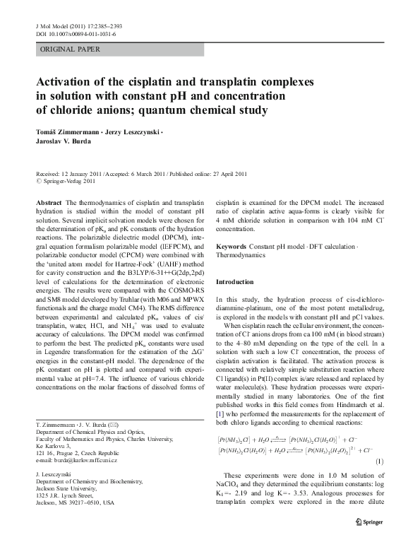 (PDF) Activation of the cisplatin and transplatin complexes in solution ...