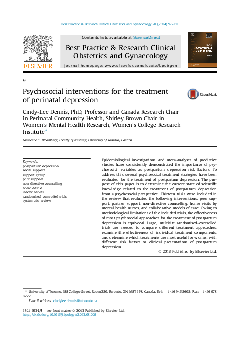 (PDF) Psychosocial interventions for the treatment of perinatal depression