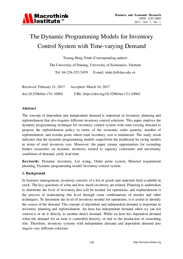 (PDF) The Dynamic Programming Models for Inventory Control System with ...