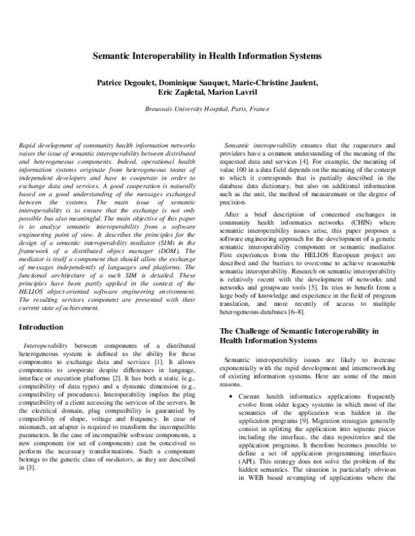(PDF) Semantic interoperability in health information systems