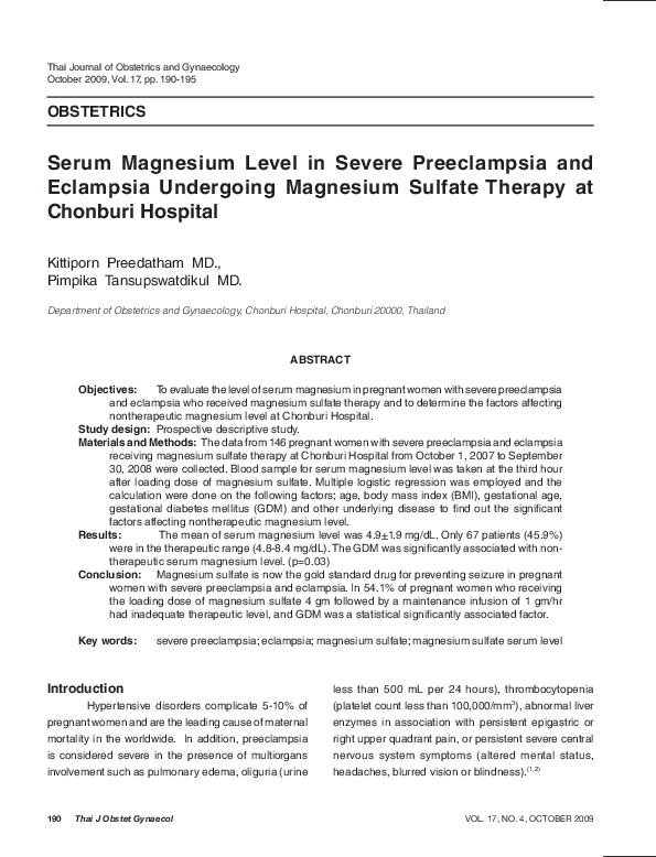 (PDF) Serum Magnesium Level in Severe Preeclampsia and Eclampsia