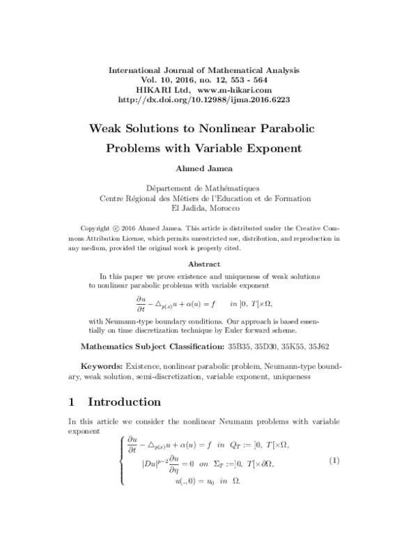 (PDF) Weak solutions to nonlinear parabolic problems with variable exponent