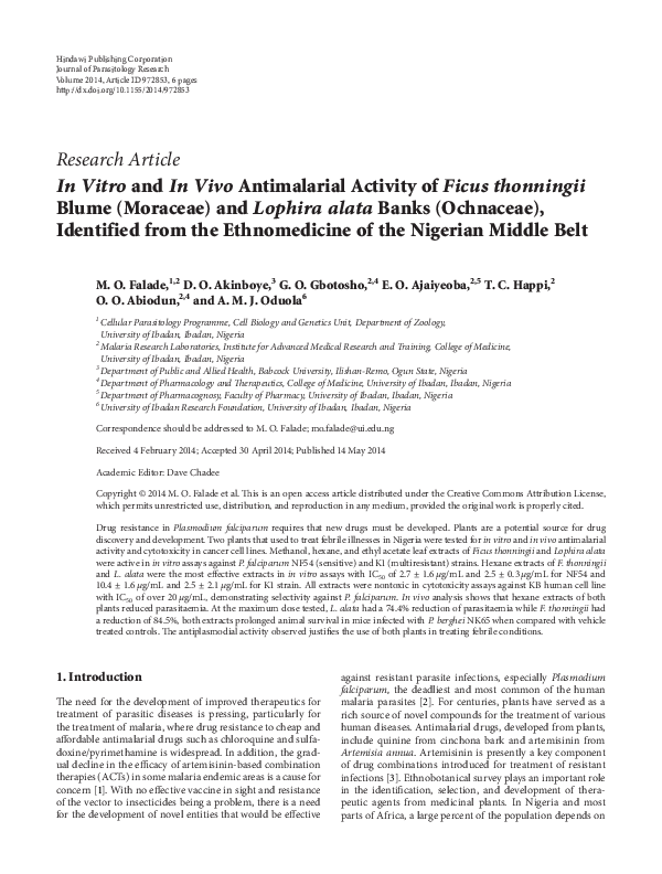 (PDF) In Vitro and In Vivo Antimalarial Activity of Ficus thonningii ...