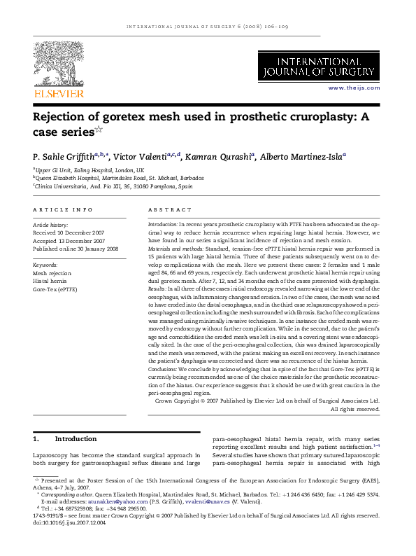 (PDF) Rejection of goretex mesh used in prosthetic cruroplasty: A case ...