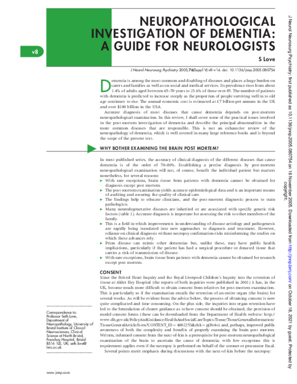 (PDF) Neuropathological investigation of dementia: a guide for neurologists