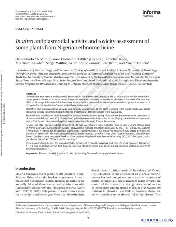 (PDF) In vitro antiplasmodial activity and toxicity assessment of plant ...