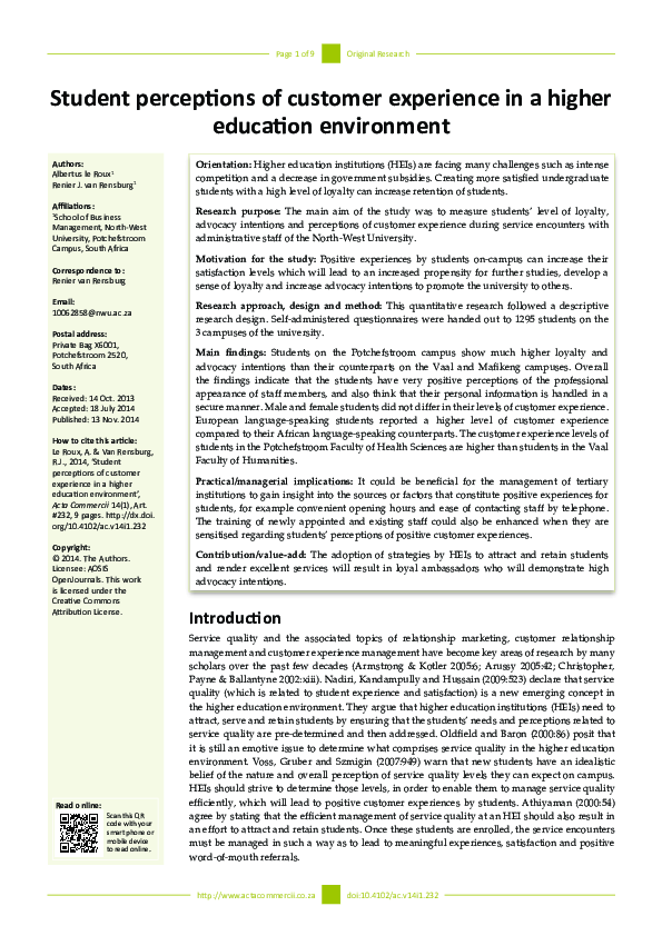 (PDF) Student perceptions of customer experience in a higher education ...