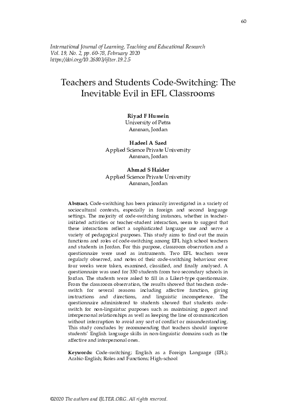 (PDF) Teachers and Students Code-Switching: The Inevitable Evil in EFL ...