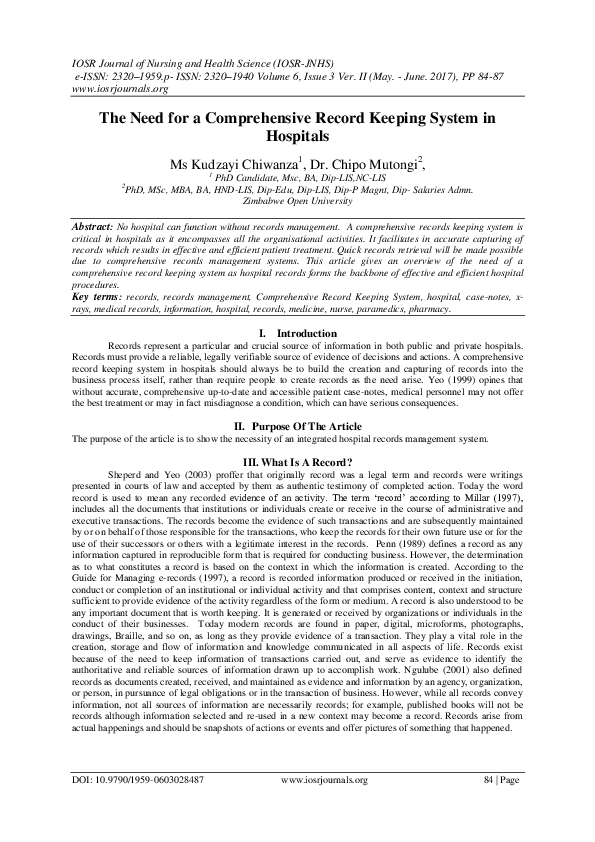 (PDF) The Need for a Comprehensive Record Keeping System in Hospitals