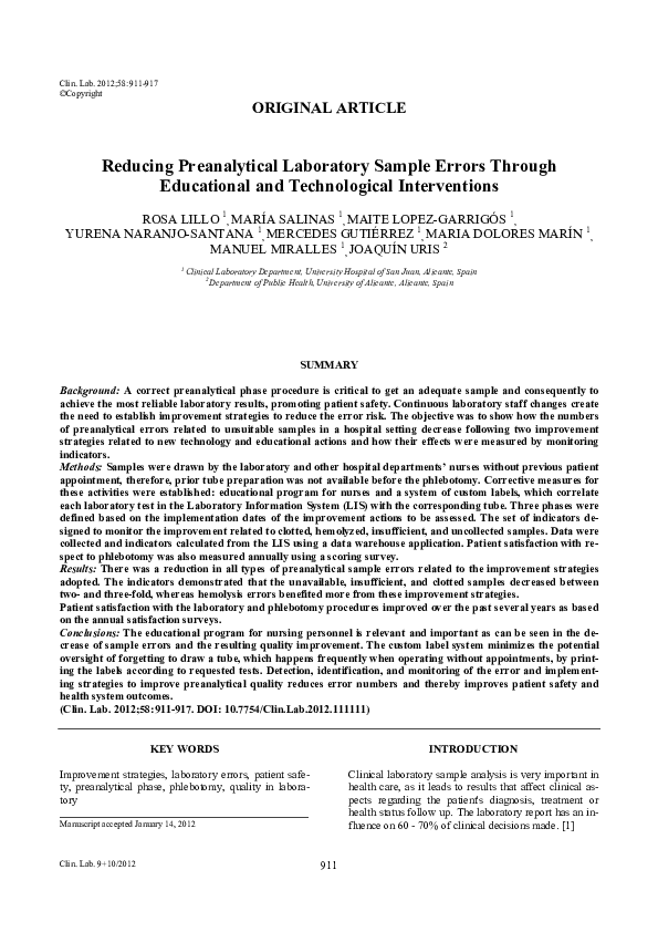 (PDF) Reducing Preanalytical Laboratory Sample Errors Through ...