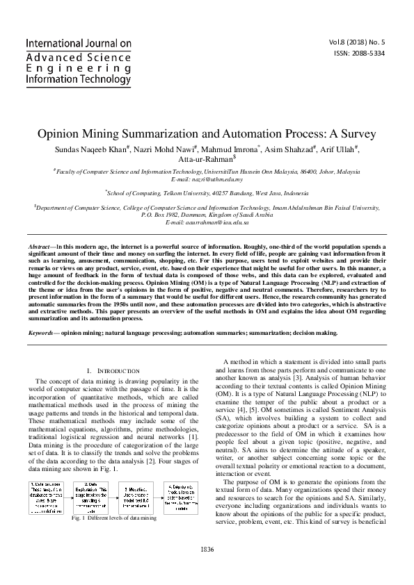 (PDF) Opinion Mining Summarization and Automation Process: A Survey