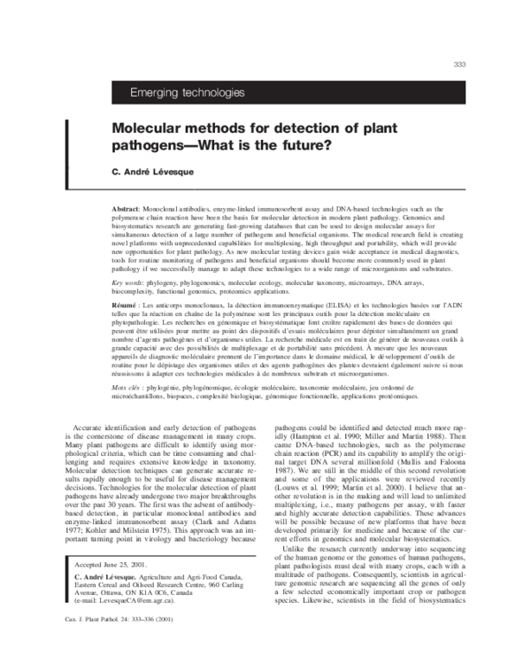 (PDF) Molecular methods for detection of plant pathogen with special ...