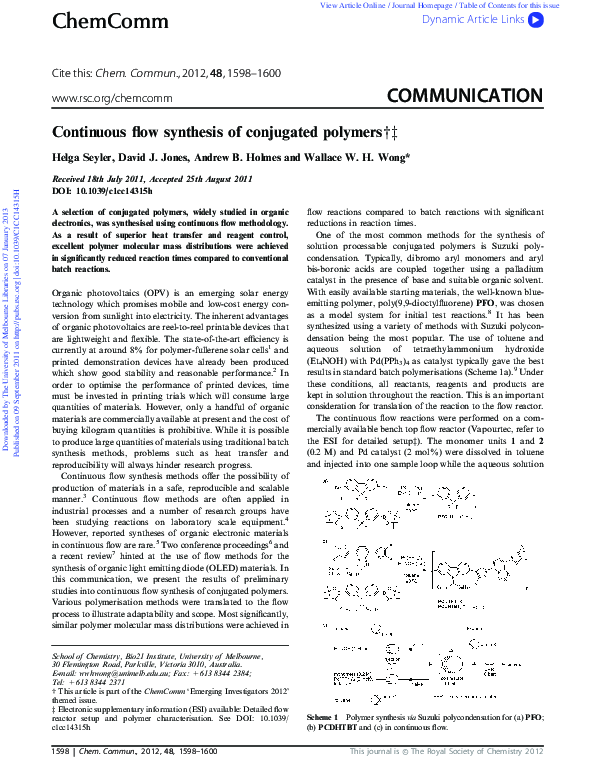 (PDF) Continuous flow synthesis of conjugated polymers