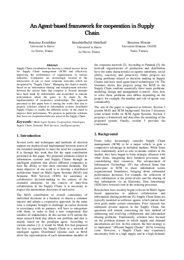 (PDF) An Agent-Based Framework for Supply Chain Cooperation